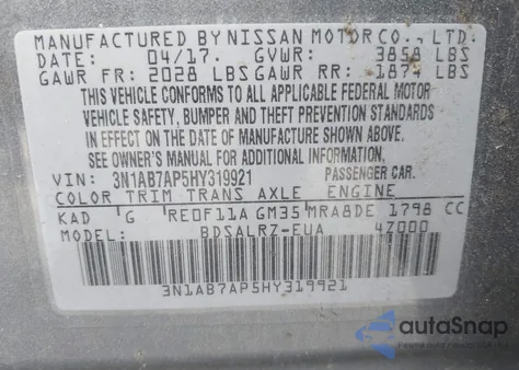 2017 Nissan Sentra Sr из США, поврежденный, VIN 3N1AB7AP5HY319921